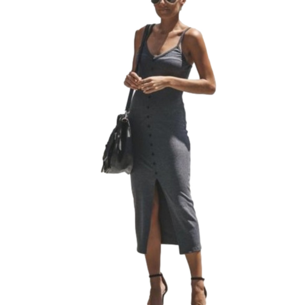 VICI Gray RibbedSpaghetti Strap Button Front Slit Midi Dress Size L